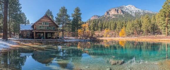 Obraz premium Lakeside cabin nestled in an autumnal forest, reflecting in crystal-clear water. Mountains in background