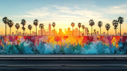 Vibrant city skyline at sunrise, framed by palm trees and colorful wall art