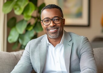 A portrait of an professional man in his late thirties, wearing glasses and smiling at the camera with soft lighting, he is sitting on sofa wearing business casual attire with light grey blazer over.