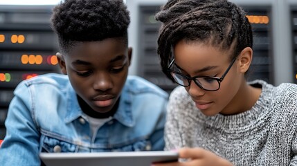 Two teens collaborate on a tablet in a server room.