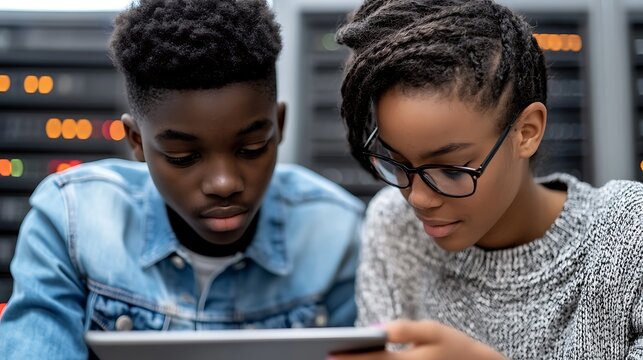 Two teens collaborate on a tablet in a server room.
