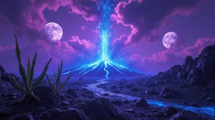 vibrant volcanic eruption with glowing blue lava, two moons, and surreal landscape. scene evokes sense of wonder and mystery
