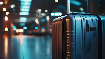 Close-up of modern aluminum suitcase with red handle in airport.