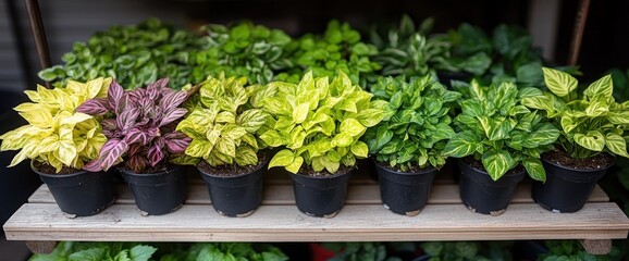 Colorful potted plants on wooden shelf