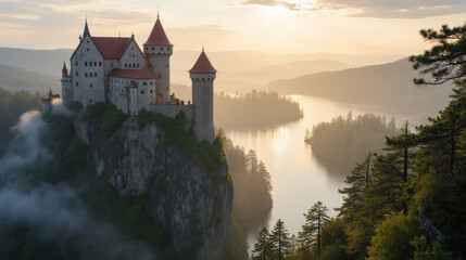 Majestic castle on cliff overlooking serene river at sunrise, surrounded by lush forests and misty mountains