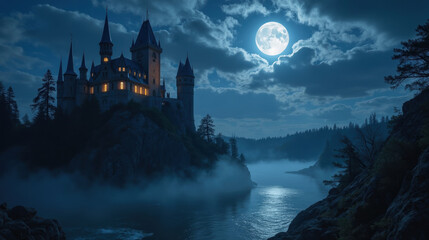 majestic castle stands on rocky cliff under full moon, surrounded by misty waters and dark trees, creating mysterious atmosphere