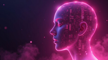 Obraz premium futuristic digital head with glowing pink elements and cityscape details, representing technology and innovation