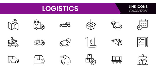 Logistics Icon Set Featuring Transportation, Inventory, Packaging, and Route Planning Symbols