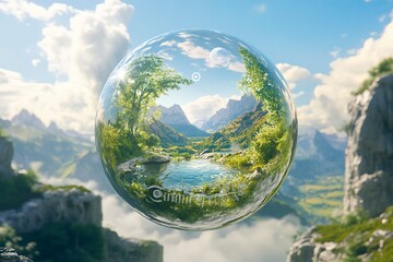 A round sphere with the word written on it, inside of which is an AI-generated landscape scene with greenery and water elements, floating above a valley with blue skies and clouds in the background.