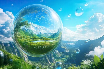 A round sphere with the word written on it, inside of which is an AI-generated landscape scene with greenery and water elements, floating above a valley with blue skies and clouds in the background.