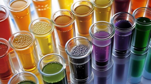 A closeup of an array of enzyme samples arranged in small microcentrifuge tubes featuring diverse colors and concentrations illustrating the variety of enzymes being generated for different