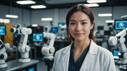 Smiling Japanese Female Robotics Engineer in a High-Tech Laboratory Surrounded by Robotic Arms, Ideal for Concepts Related to Automation, Artificial Intelligence, and Engineering