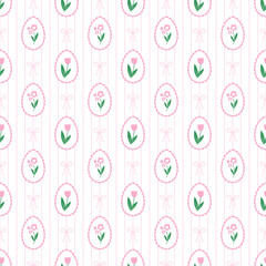 Spring seamless pattern of frame with tulips, flowers and bow knots. Modern provence cute background. Fabric textile print. Surface cover design.