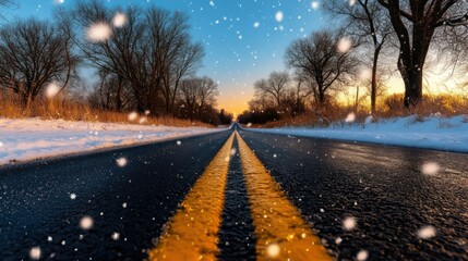 Snowy winter road at sunset