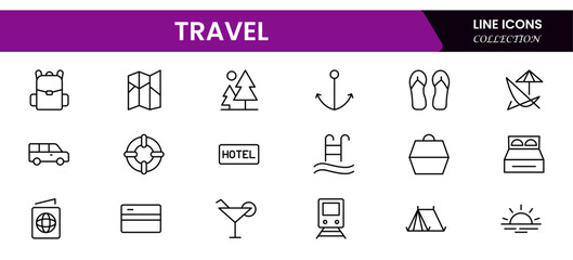 Travel icon set. Summer vacations and holiday symbol vector illustration. Collection of traveling and tourism elements. Travel and tourism icon set. Airplane, trip, beach, passport, camping, hotel