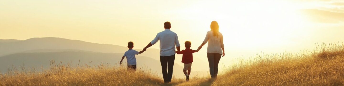 A family of four is walking together in a field. The sun is setting, casting a warm glow over the scene. The family members are holding hands, creating a sense of unity and togetherness