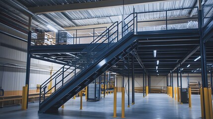 Mezzanine structure inside a warehouse with secure stairs and elevated storage.

