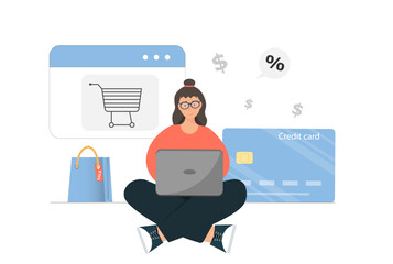 Woman using lap top for online shopping via internet, Credit card or contactless payment concept, online payment, flat vector illustration