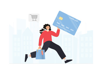 Happy woman with card running to shop, online shopping concept, using mobile phone, internet transaction concept, flat vector illustration