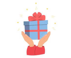 Present box with ribbon in hands, giving present, flat vector illustration