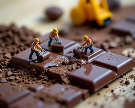 Miniature construction workers building on chocolate bars, creating a whimsical and playful scene of sweet labor.