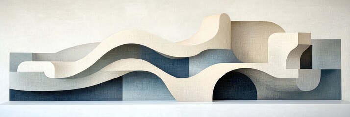 Abstract 3D wavescape in beige & blue hues.  Layered, flowing forms create a dynamic composition