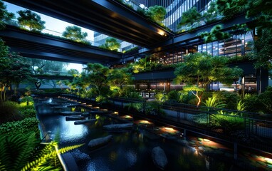 A serene urban landscape featuring lush greenery and a tranquil waterway, illuminated by soft lights beneath modern architectural structures.
