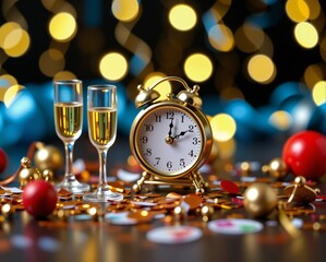 A festive scene featuring a golden clock, champagne flutes, and colorful ornaments, set against a backdrop of sparkling lights.
