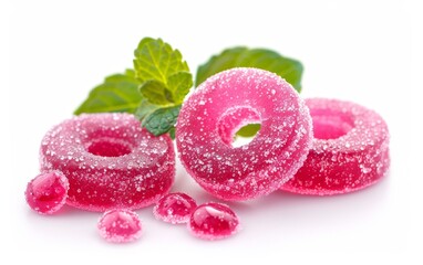Colorful, sugary jelly candies shaped like rings, garnished with mint leaves, create a vibrant and tempting sweet treat.