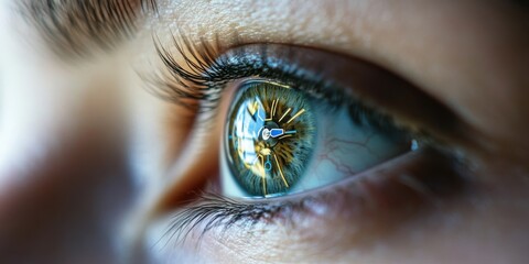A close-up of a person's eye reflecting a clock, symbolizing biological clock disruption due to daylight saving