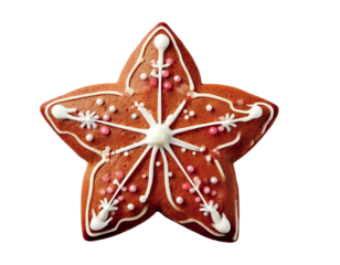 A festive starshaped gingerbread cookie, meticulously decorated with white icing and pink sprinkles, forming a snowflake design.  Perfect for holiday baking, food blogs, or winterthemed projects.