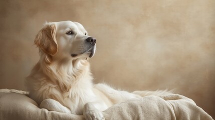 Obraz premium A fluffy Golden Retriever resting peacefully on a cozy bed. The dogs serene expression and soft fur add to the calm atmosphere, complemented by a warm neutral background.