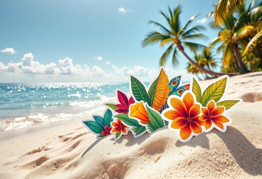 Vibrant tropical stickers on sun-kissed beach sand, palm trees, tropical
