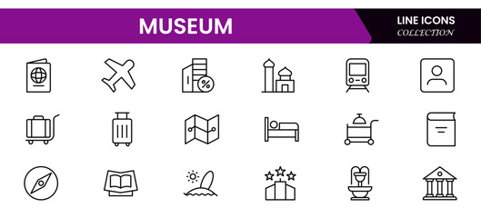 Museum ancient exhibit and service for tourist visit line icons set. Classic pillar, sculpture and painting, book and jewel, museum staff badge thin black and red outline symbols vector illustration