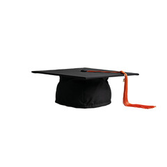 Graduation cap with orange tassel on a white background. Presentation of diploma  