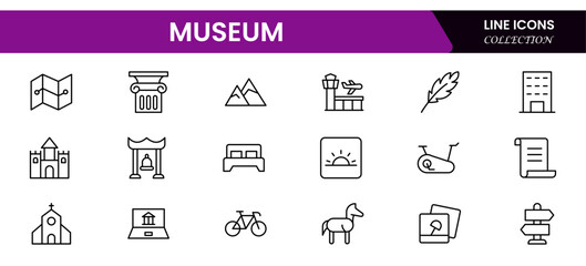 Museum ancient exhibit and service for tourist visit line icons set. Classic pillar, sculpture and painting, book and jewel, museum staff badge thin black and red outline symbols vector illustration