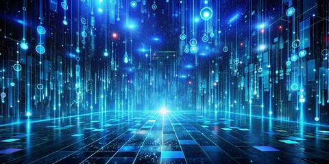 Obraz premium Abstract Blue Matrix Digital Technology Background, Futuristic Sci-Fi Landscape