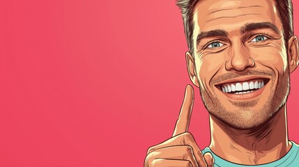 A confident cartoon man with a bright smile points upward on the right side of the image. The image conveys positivity, success, and motivation, ideal for marketing and business content.