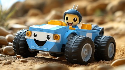 Obraz premium A happy, cartoon character drives a blue toy monster truck across a sandy terrain
