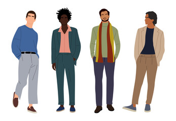 Obraz premium Set of diverse young men wearing autumn street fashion outfit. Handsome Business men characters in smart casual office clothes. Vector realistic people illustrations isolated