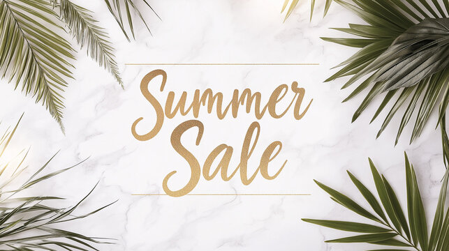 Gold summer sale text on white marble background with green palm leaves. Clean and elegant. Perfect for banners, cards, or ads.
