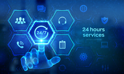 24 hours servises. 24-7 support. Technical support. Customer help. Tech support. Customer service, Business and technology concept. Wireframe hand touching digital interface. Vector illustration.