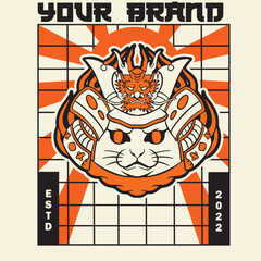 Fototapeta premium funny vector illustration of cat as a samurai , it can be use for shirt design or poster