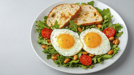 Fried eggs on bed of fresh greens with cherry tomatoes and toasted bread create delicious and healthy breakfast option