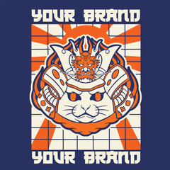 funny vector illustration of cat as a samurai , it can be use for shirt design or poster