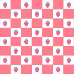 Seamless strawberry pattern on red and White Checkered Background
