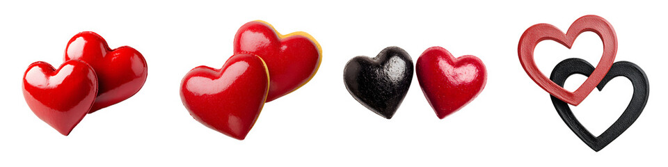 Fototapeta premium Arrangement of various stylized red and black heart shaped designs including shiny glossy and contrasting decorative elements for Valentine s Day or romance themed decor and gifts
