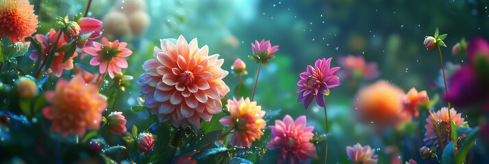 Colorful Dahlia blooms with rain drops