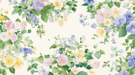 Vintage aesthetic watercolor seamless pattern with morning glories, violets, lilies, daisies, cosmos, ivy, irises, tulips, peonies, roses	