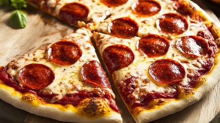 Delicious pepperoni pizza on wooden board, close-up.